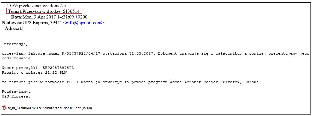 Przykładowa wiadomość e-mail wykorzystywana przez oszustów