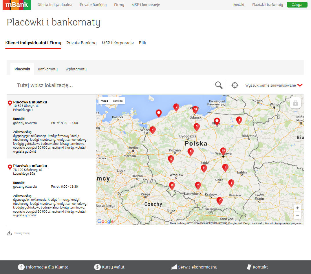 Widok wyszukiwarki placówek i bankomatów